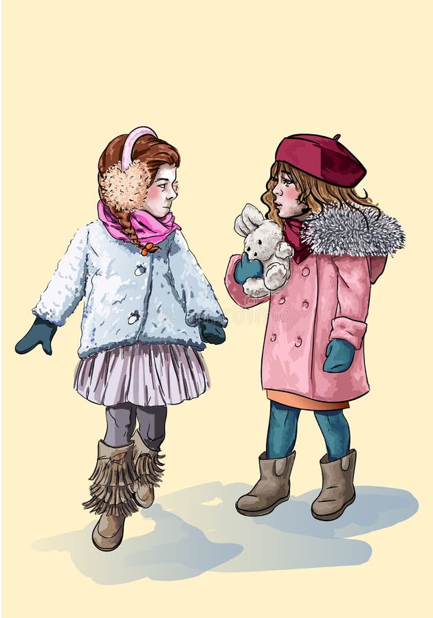 Chicas Vestidas Con Ropa Abrigada Caminan Por La Calle. Los Amigos Caminan  Afuera Cuando Hace Frío Stock de ilustración - Ilustración de nieve,  muchacha: 200964410