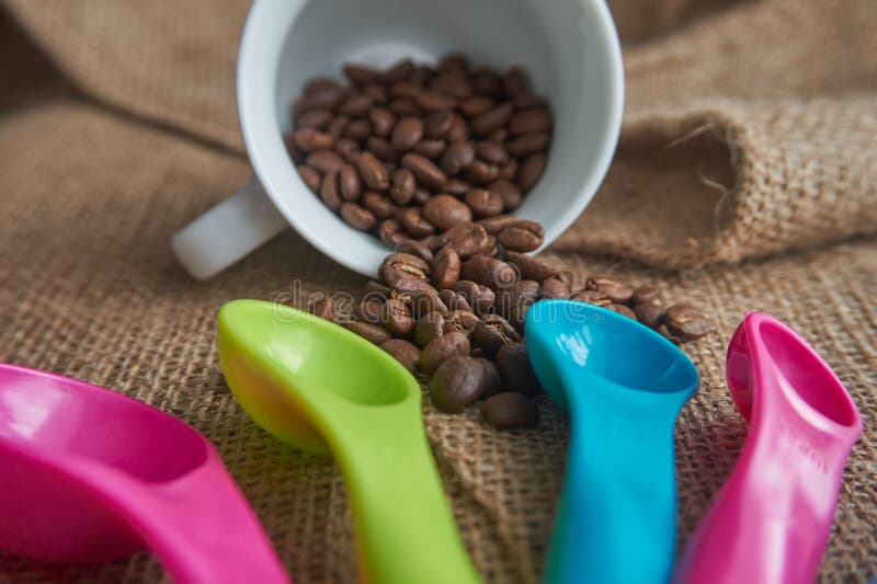 Chicchi di caffè arrostiti, tazza da caffè della porcellana, di dosatore della dose fotografia stock libera da diritti Chicchi di caffè arrostiti, tazza da caffè della porcellana, di dosatore della dose fotografia stock libera da diritti