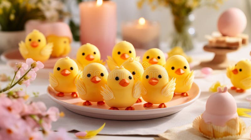 Easter decorated table with chick shaped desserts. Traditional easter desserts stock images, royalty-free photos and pictures