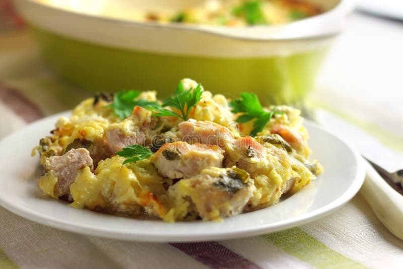 Chicken breast and cauliflower casserole stock photos