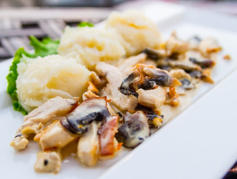 Chicken Breast with Mushrooms and Mashed Potatoes on a Rectangular