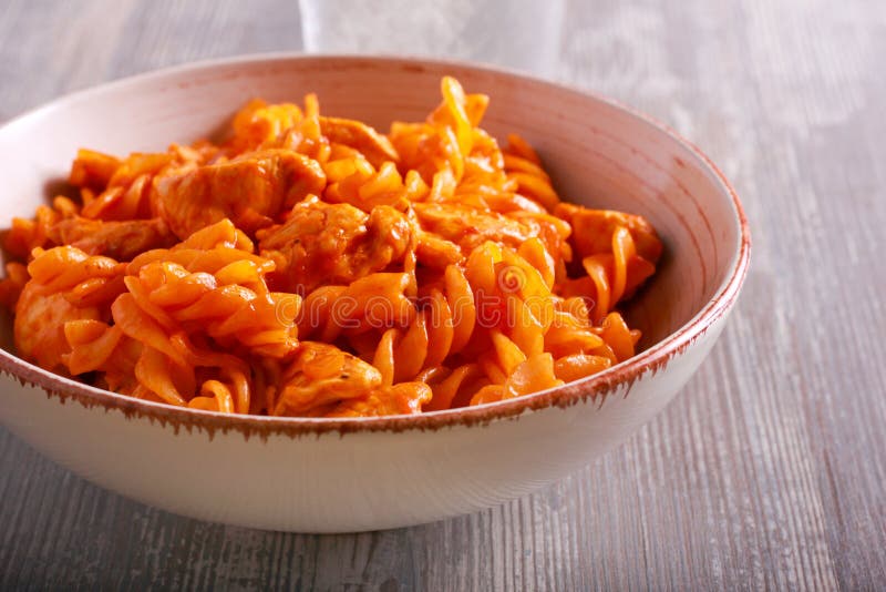 Chicken Breast and Pasta in Tomato Sauce, Served Stock Photo Image of