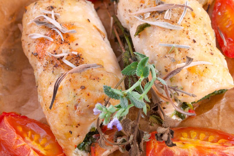 Chicken Breast with Spinach, Baked Tomatoes Stock Image - Image of