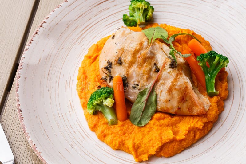 Chicken Breast Steak with Carrot Puree Baby Carrot and Broccoli