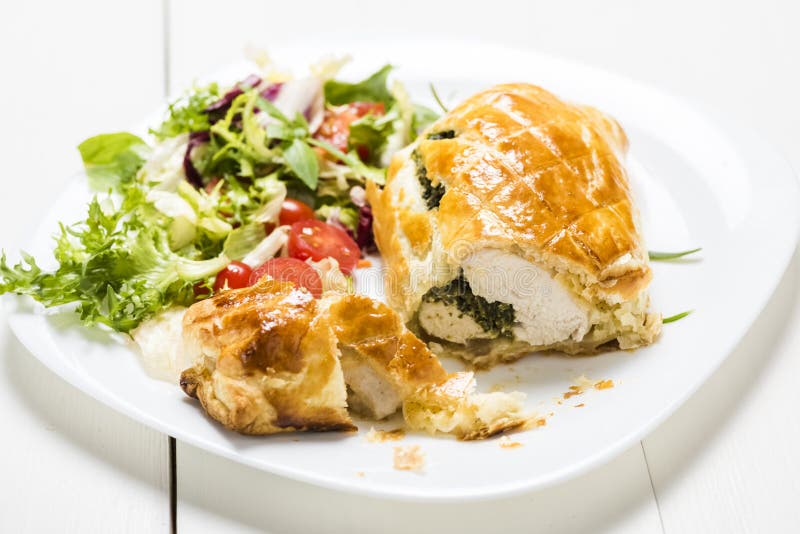 Chicken Breast Stuffed Spinach in Puff Pastry Stock Photo - Image of