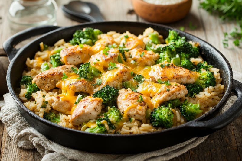 Chicken Broccoli and Rice Stir-fry Cooking in a Black Pan Close-up