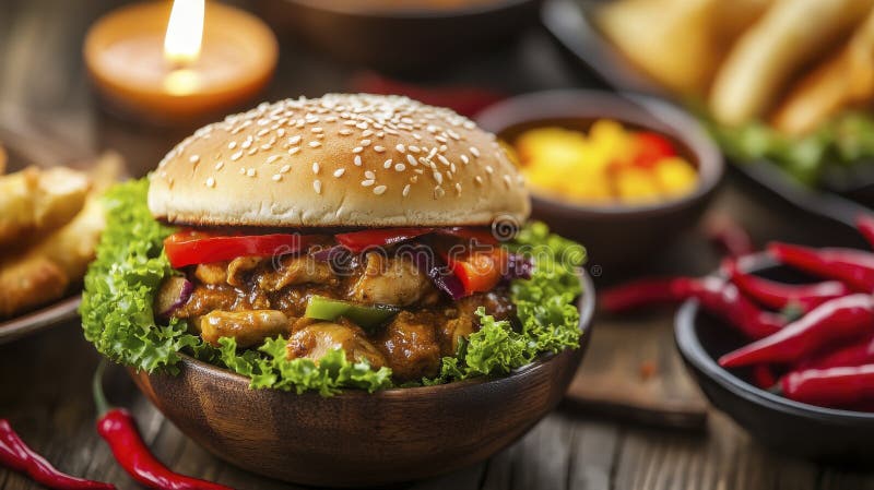 Chicken Burger mit Chili Peppers und Cornflaume Salsa vektor abbildung