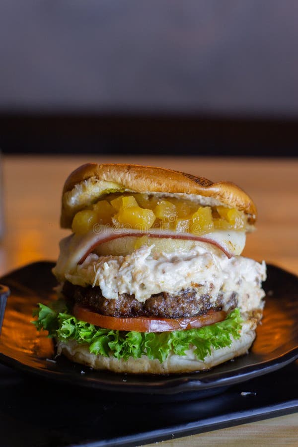 Chicken Burger with Pineapple and Fresh Lettuce Stock Image Image of