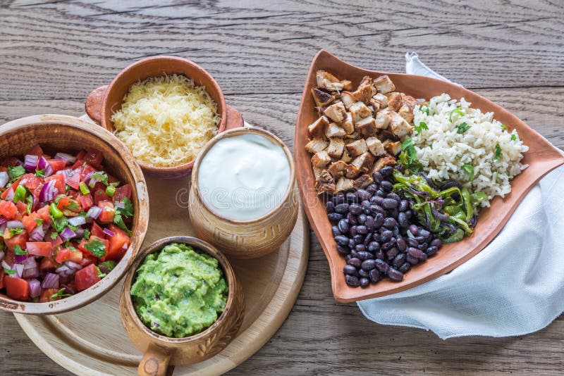 Chicken Burrito Bowl with the Ingredients Stock Photo Image of dinner