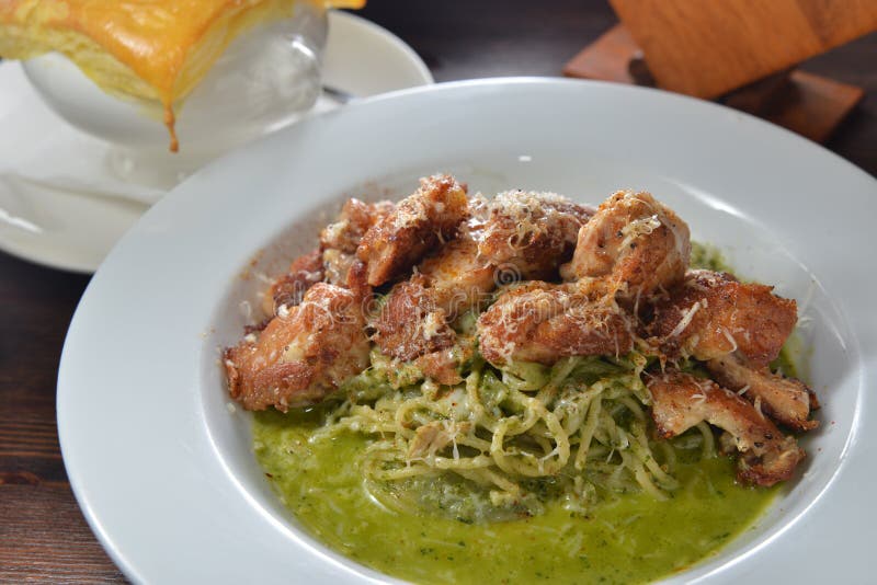 Chicken Capellini stock image. Image of pancetta, spicy 91638053