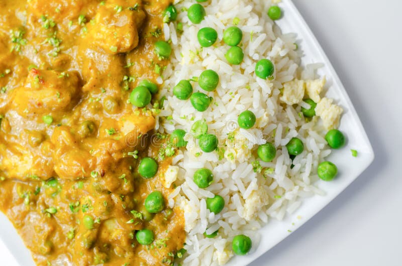 Chicken Curry with Egg Fried Rice, Chicken Breast Pieces in a Mildly