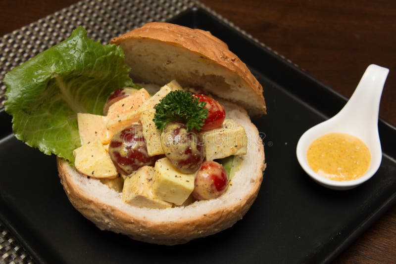 Chicken Curry Salad in Bread Bowl Stock Image Image of sauce