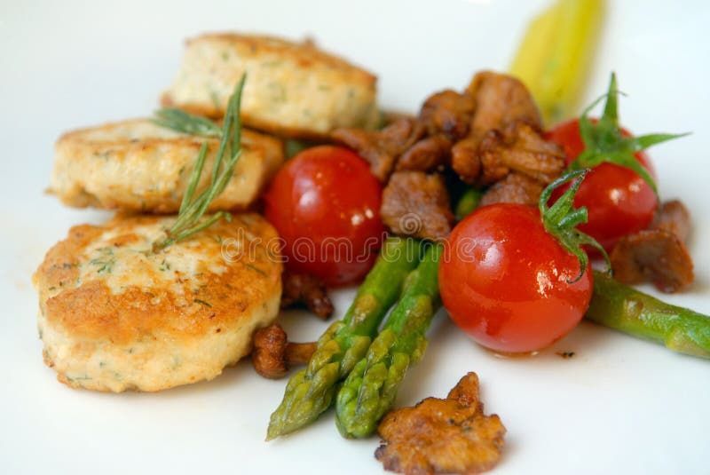 Chicken cutlets with asparagus and tomatoes