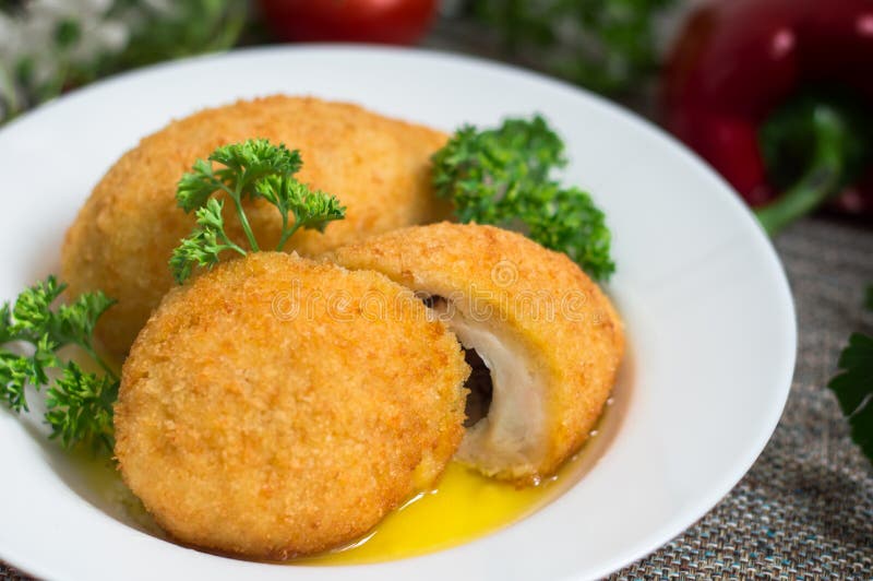 Chicken Cutlets on Kiev. Old Background. Top View. Closeup Stock Image
