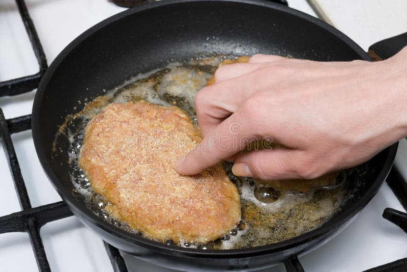 Chicken cutlets roasting on the frying-pan