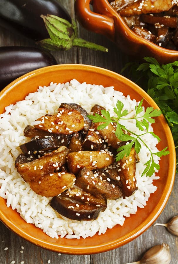Chicken with Eggplants and Rice Stock Image Image of delicious