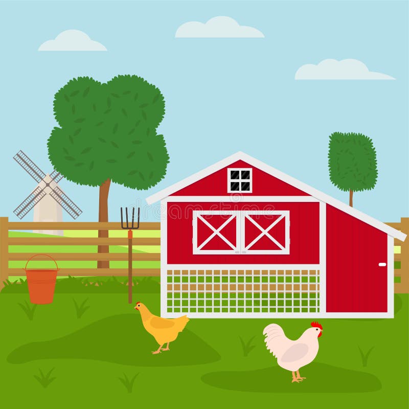 Chicken Farm with Chicken Coop. Stock Vector Illustration of poultry