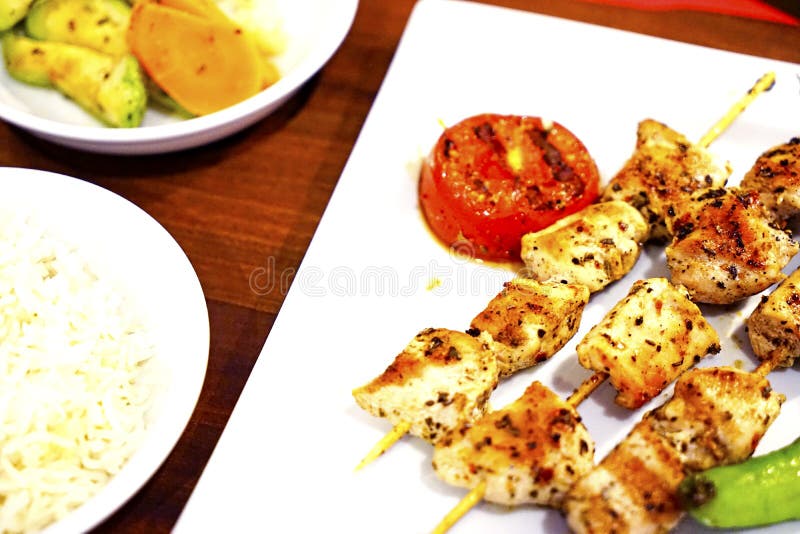 Chicken Kebab On A White Plate With Vegetables Stock Image Image of kebab, lamb 79715521