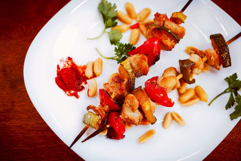 Chicken Kebabs with Pepper and Zucchini, Toned, Closeup Stock Photo