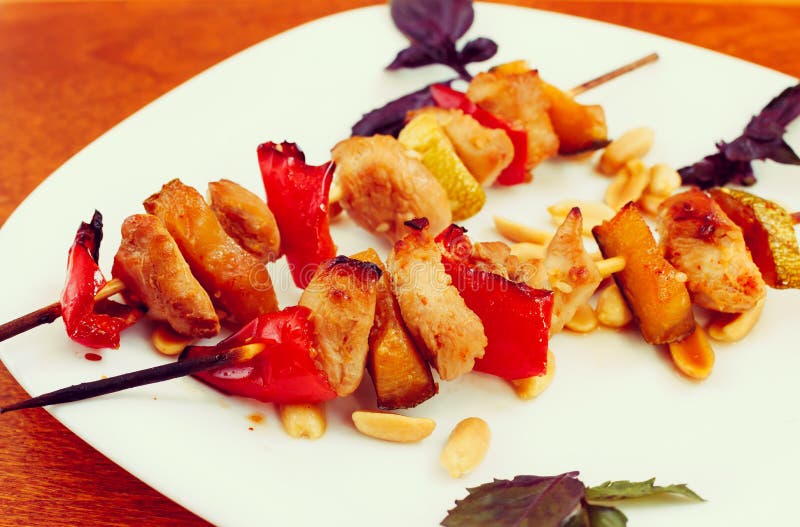 Chicken Kebabs with Pepper and Zucchini, Toned, Closeup Stock Image