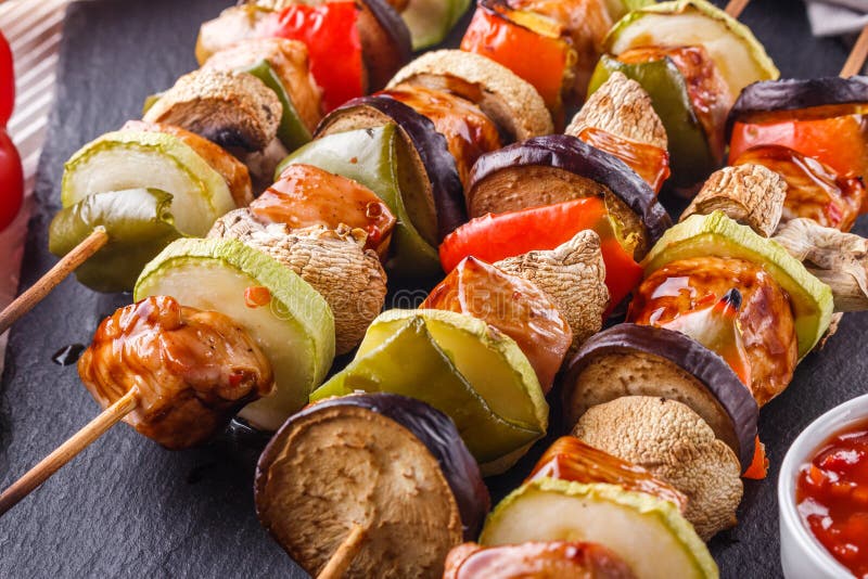 Chicken Kebabs with Vegetables and Mushrooms on a Rustic Background Stock Photo Image of