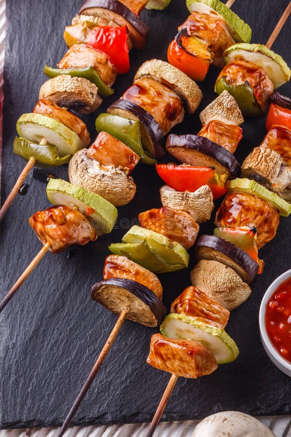 Chicken Kebabs with Vegetables and Mushrooms on a Rustic Background Stock Photo Image of