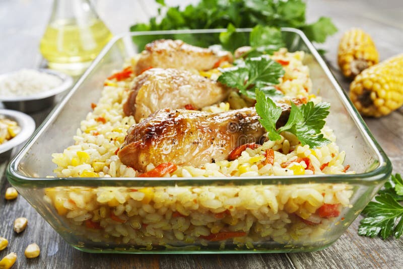Chicken Legs Baked with Rice and Vegetables Stock Photo - Image of