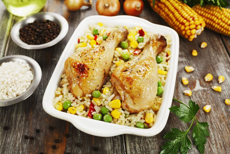 Chicken Legs Baked with Rice and Vegetables Stock Image - Image of