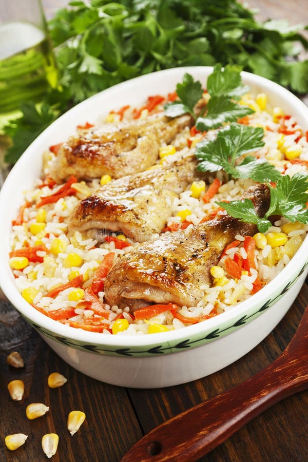 Chicken Legs Baked with Rice and Vegetables Stock Image - Image of