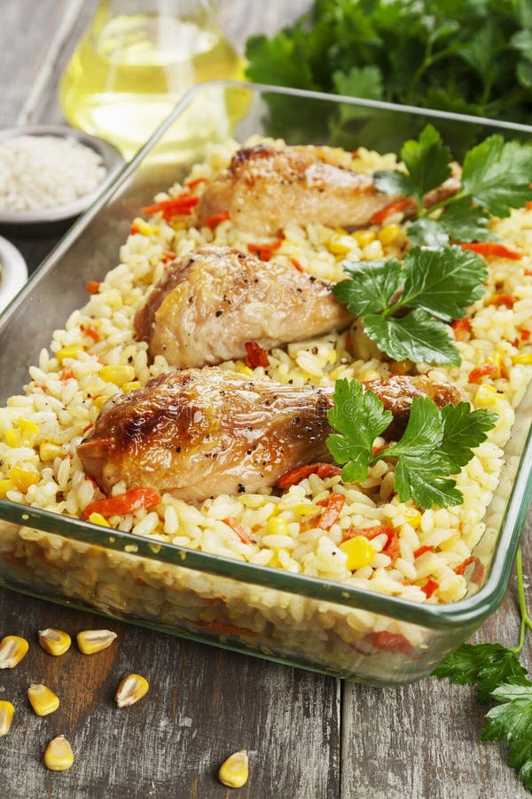Chicken Legs Baked with Rice and Vegetables Stock Image - Image of meal