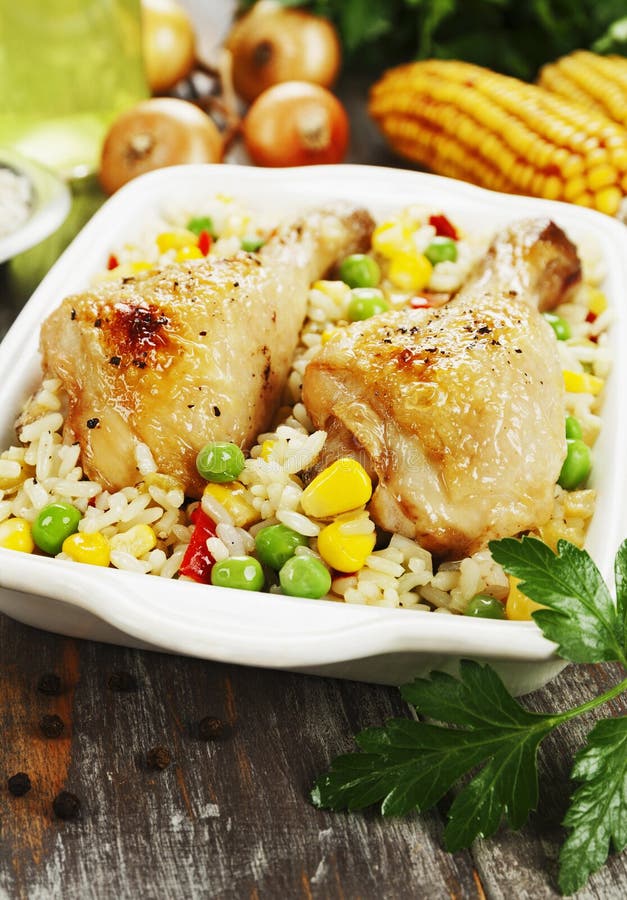 Chicken Legs Baked with Rice and Vegetables Stock Image - Image of