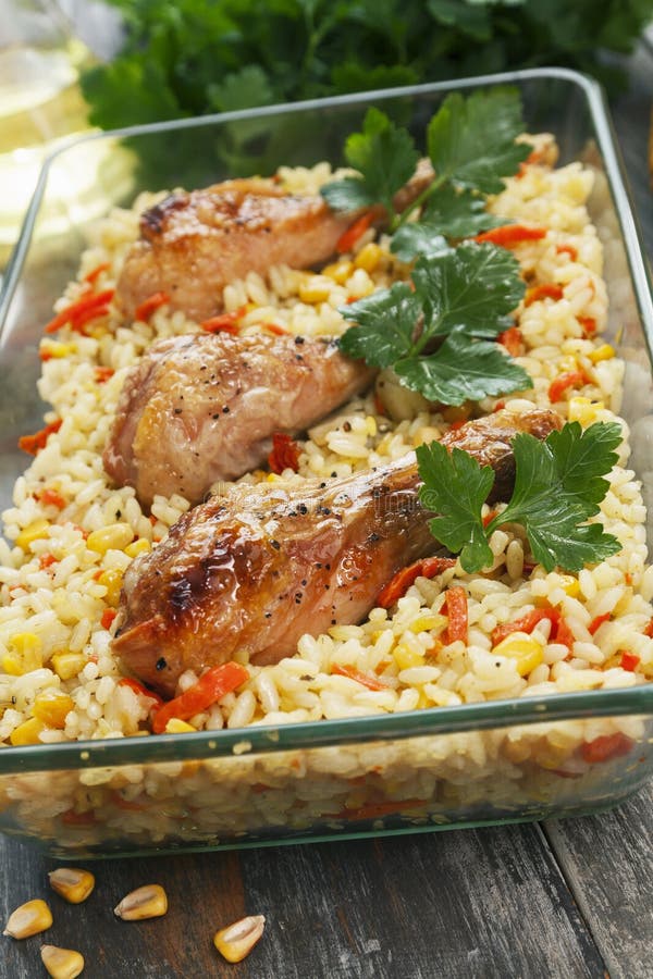 Chicken Legs Baked with Rice and Vegetables Stock Image - Image of