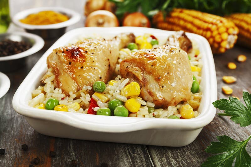 Chicken Legs Baked with Rice and Vegetables Stock Image - Image of