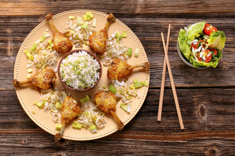 Chicken Legs with Sesame and Leek Rice Stock Photo Image of meat