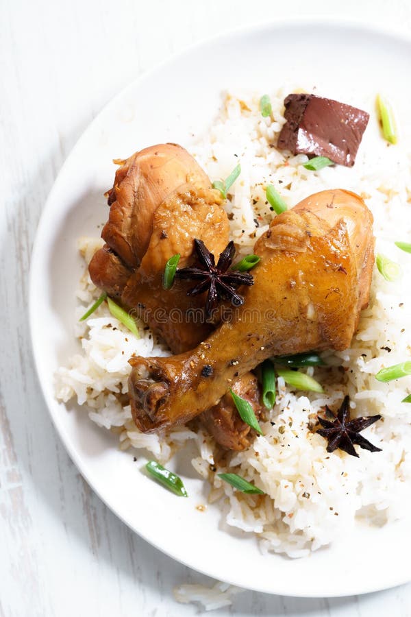 Chicken Legs Steam with Black Sauce Serve with Rice Stock Image - Image ...
