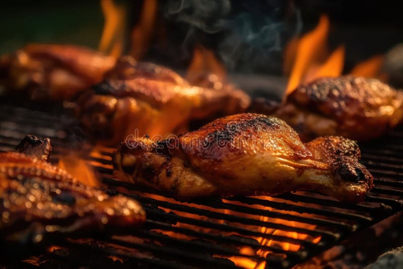 Chicken Legs and Wings on the Grill with Flames. AI Generated Stock