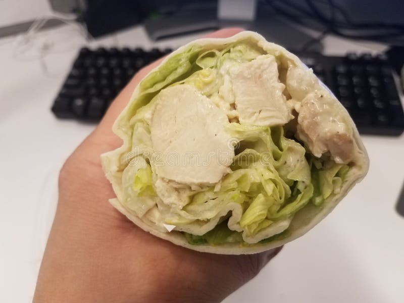 Chicken and Lettuce Wrap with Tortilla and Computer Stock Photo Image