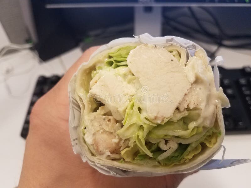Chicken and Lettuce Wrap with Tortilla and Computer Stock Photo Image