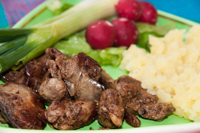 Chicken Liver Served with Mashed Potatoes, Onions and Radishes Stock