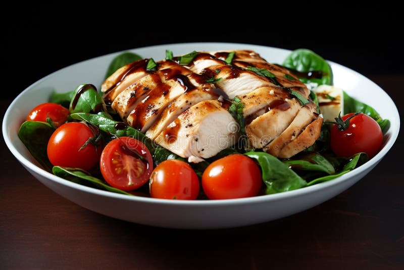 Chicken Meat with Cherry Tomatoes and Green Salad. Generative AI Stock