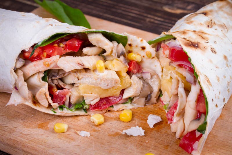 Chicken, Mushroom, Cheese and Spinach Burritos Stock Photo Image of