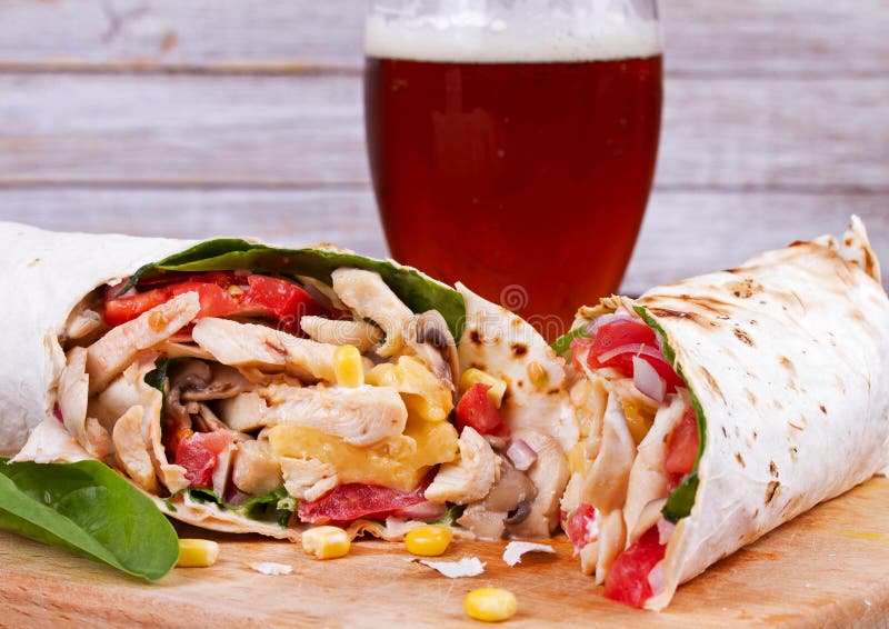 Chicken, Mushroom, Cheese and Spinach Burritos Stock Image Image of