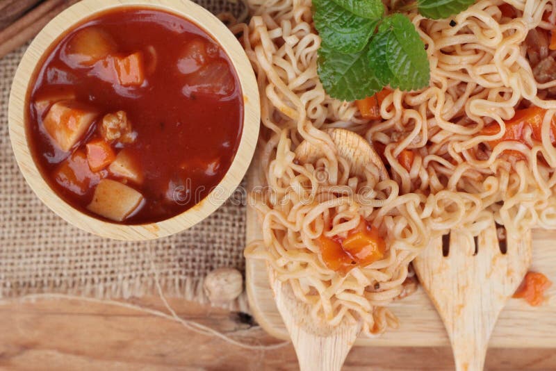 Chicken Noodle with Sauce Tomato is Delicious. Stock Photo Image of