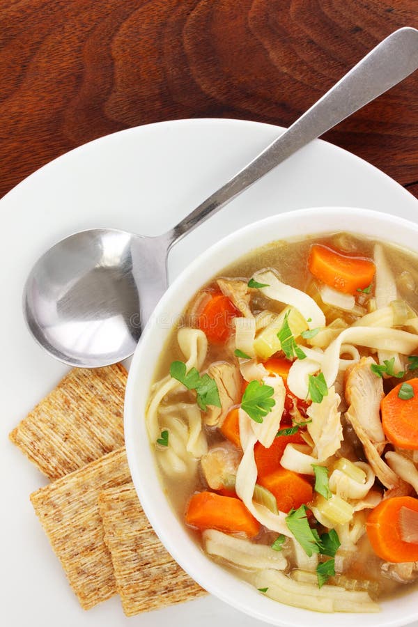 Bowl of handmade goodness. Slowly simmered chicken makes for a rich broth, then carrots, onions, garlic, and leeks are added for a full flavor. Bowl of handmade goodness. Slowly simmered chicken makes for a rich broth, then carrots, onions, garlic, and leeks are added for a full flavor