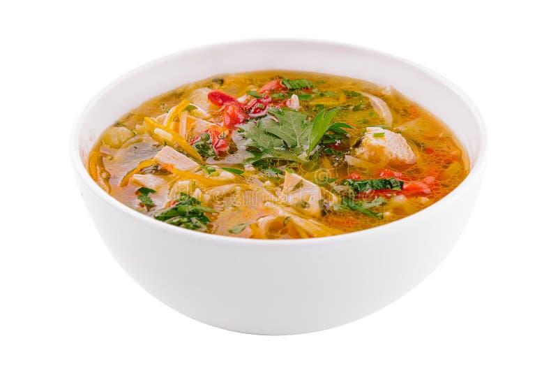 Chicken Noodle Soup in a White Ceramic Bowl Isolated Stock Photo