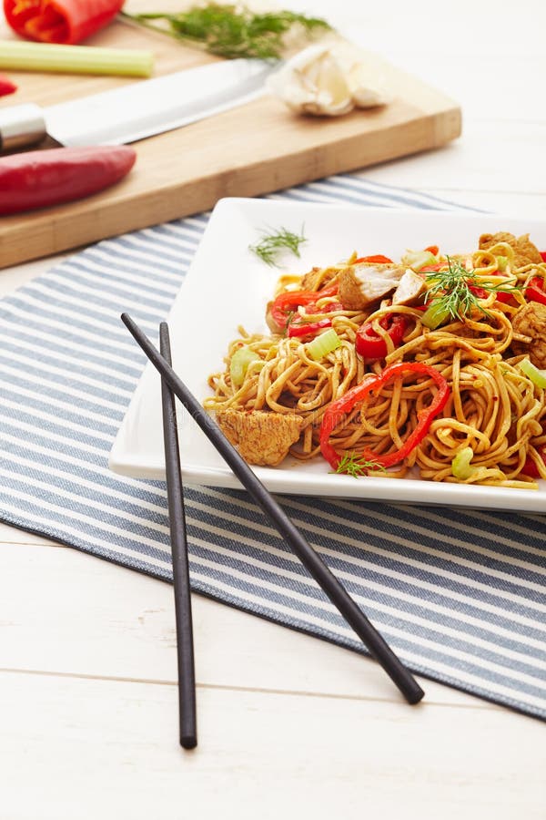 Chicken noodles stock photo. Image of plate, meat, dill 227761338