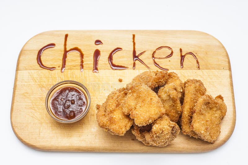 Chicken Nuggets with Bbq Sauce on Wooden Board Stock Photo Image of
