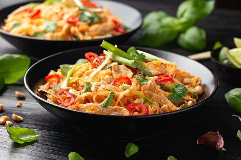 Chicken Pad Thai with Eggs, Bean Sprouts, Peanuts and Spring Onion Stock Image Image of