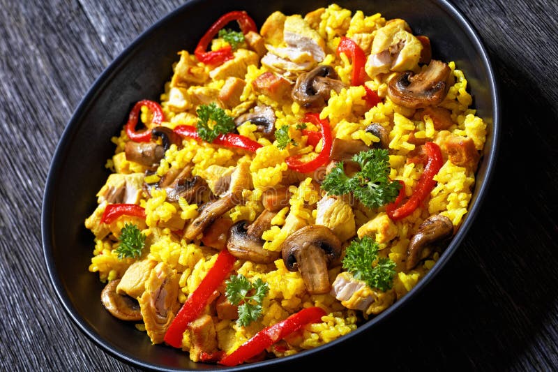 Chicken Paella with Mushrooms, Red Pepper, Spices Stock Image - Image ...