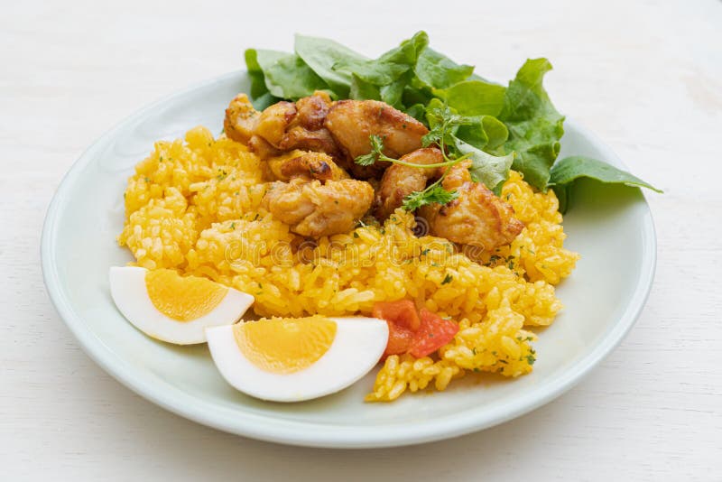 Chicken Paella Rice with Boiled Egg and Salad Stock Photo Image of gourmet, fresh 209002244